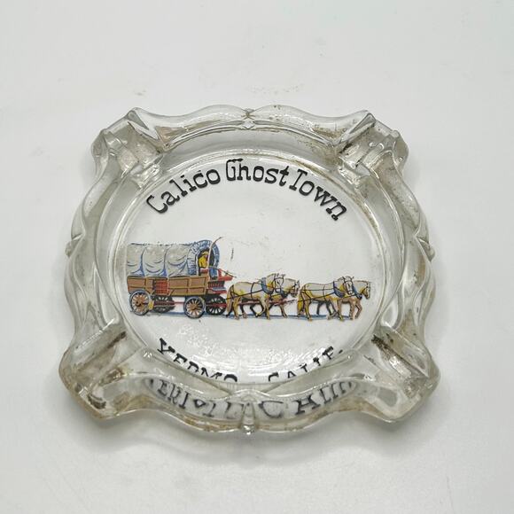 Rare VNTG Calico Ghost Town Mine Yermo California Clear Ashtray Cowboy Graphic - Picture 1 of 5